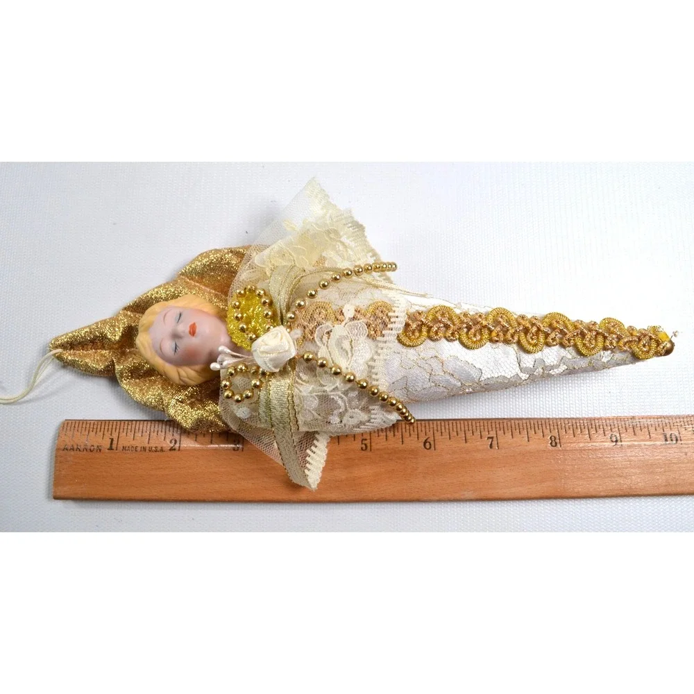 Vintage Porcelain Faced Angel Christmas Tree Ornament in Cone Gown 10